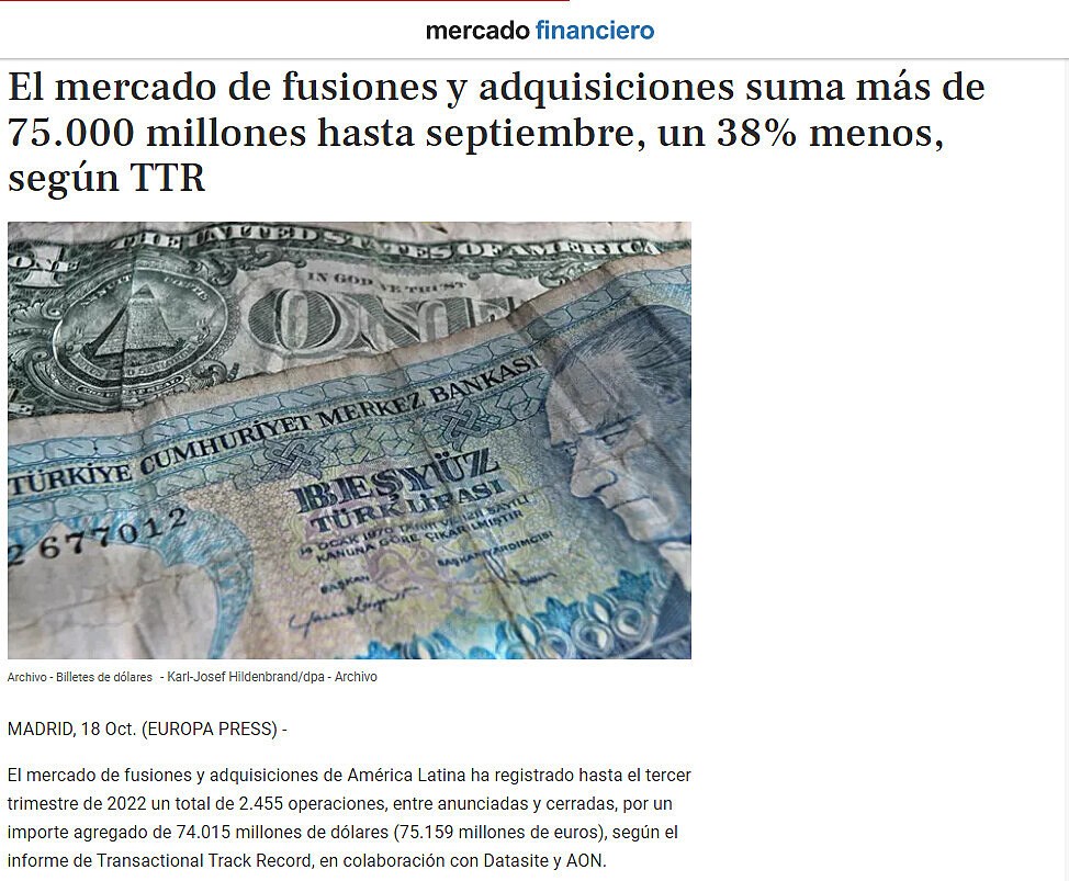 El mercado de fusiones y adquisiciones suma ms de 75.000 millones hasta septiembre, un 38% menos, segn TTR